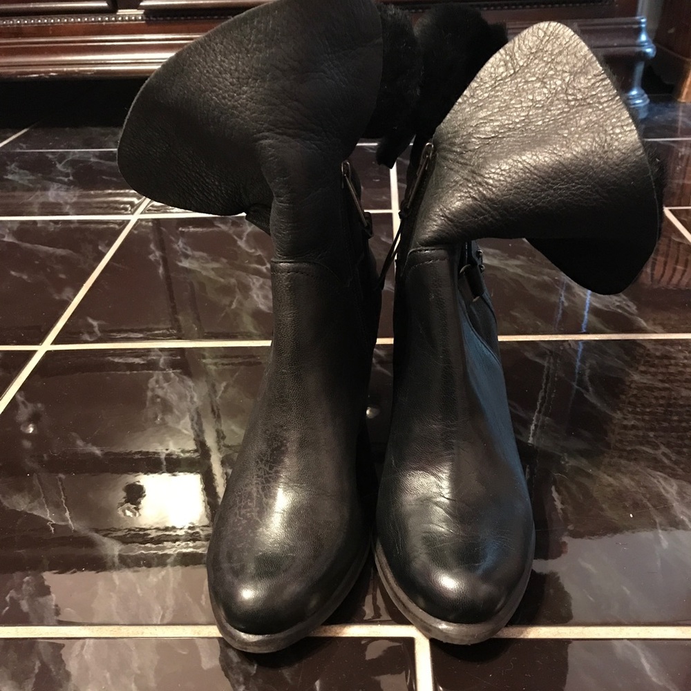 UGG Black Leather Fold-Over Heeled Boots
